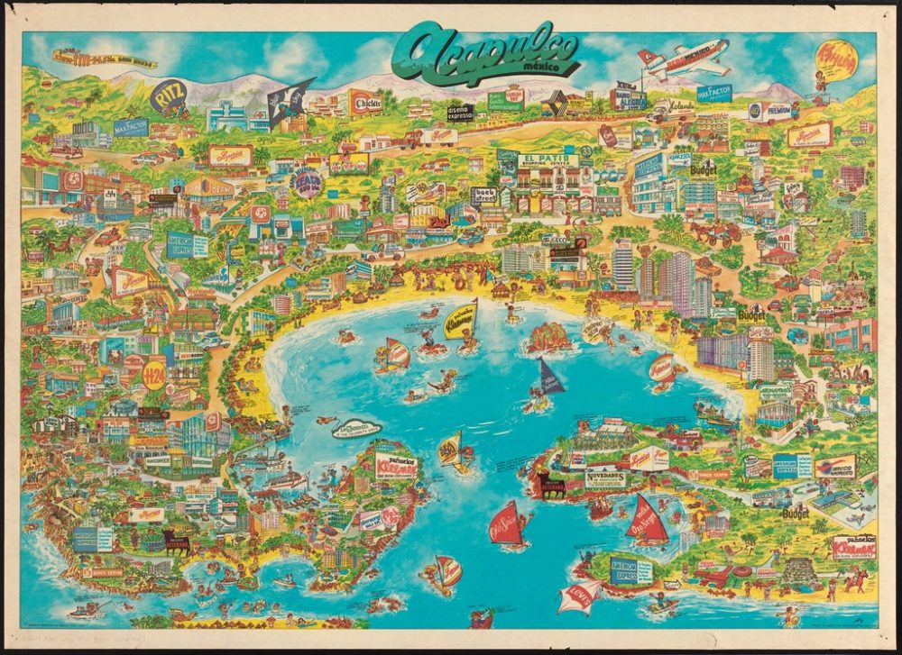 Illustrated 1970s map of Acapulco Bay