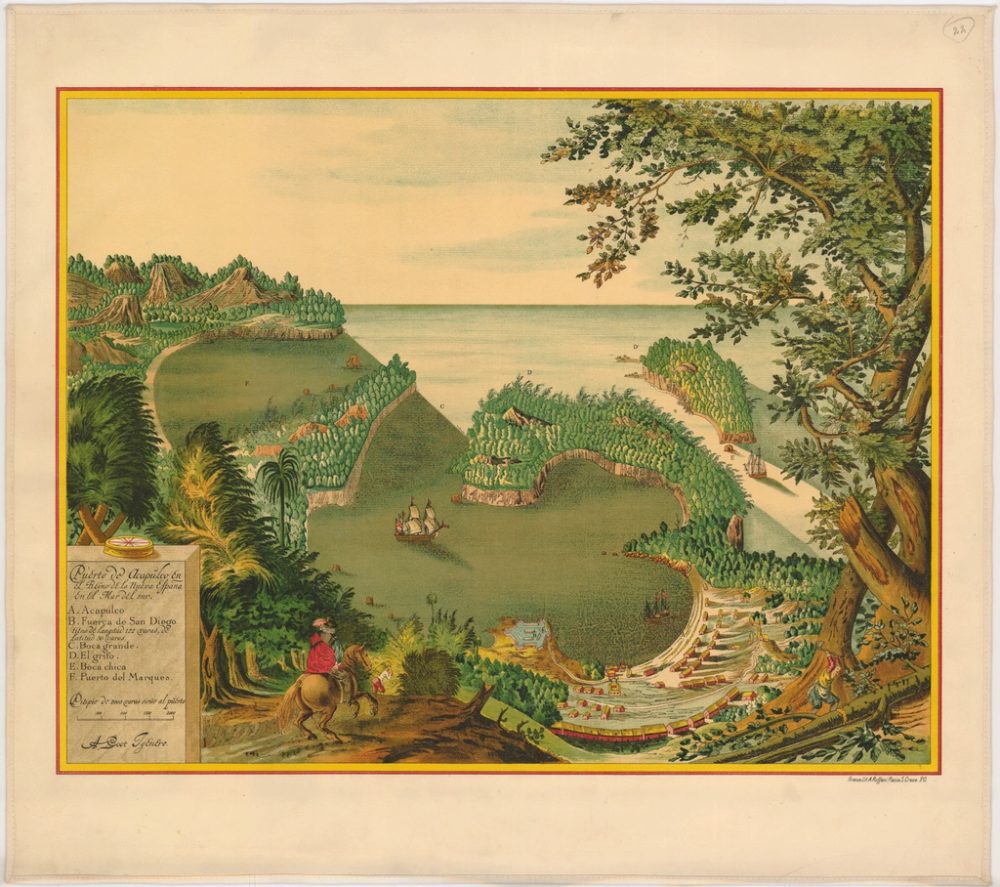 Hand-coloured 1628 view of the port of Acapulco: a galleon in the bay below green hills