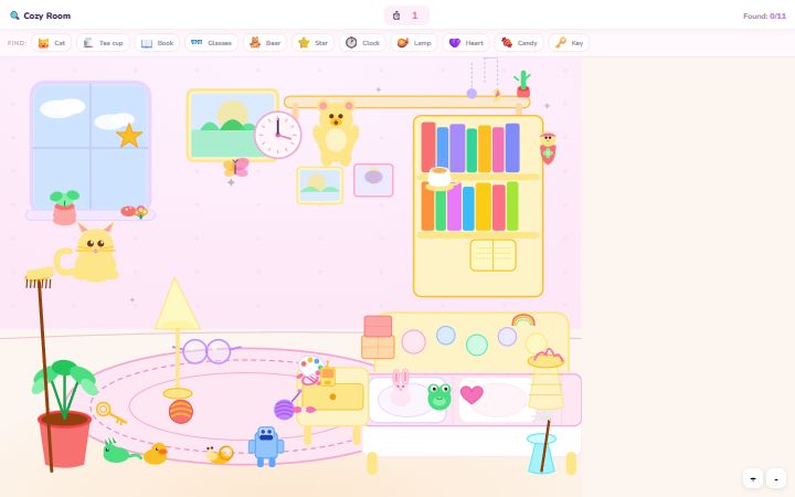 Find It: an illustrated cozy room hiding objects